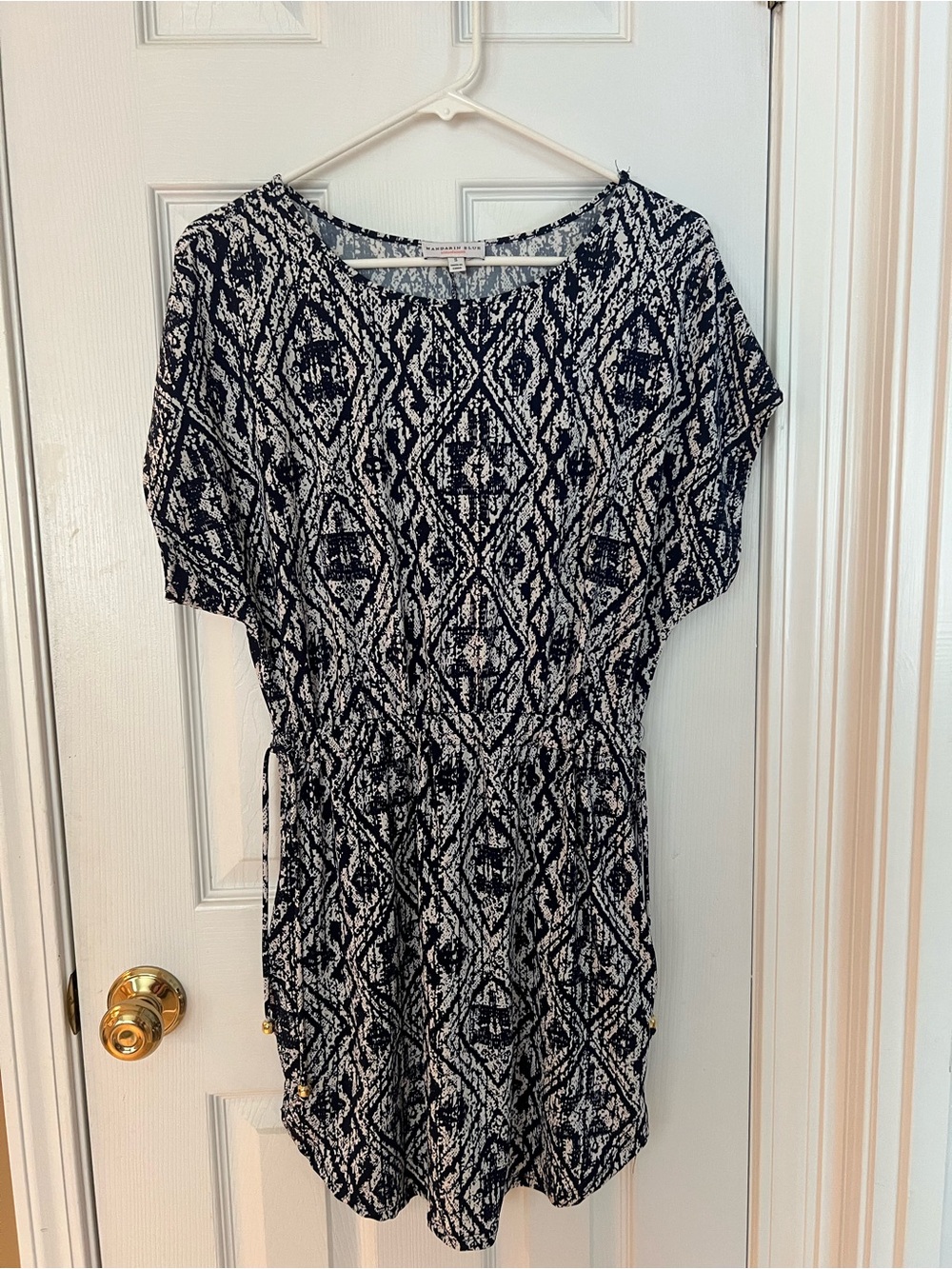 Navy/ White Printed Waist-Tie Women's Dress